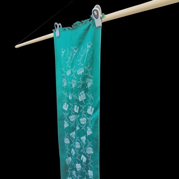 Distressed Antique Green Scarf Paris Souvenir With Landmarks & Moth Holes 47" - Picture 2 of 11